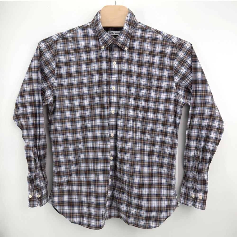Peter Millar Button Down Mens Large Brown Blue Plaid Cotton Long Sleeve Classic